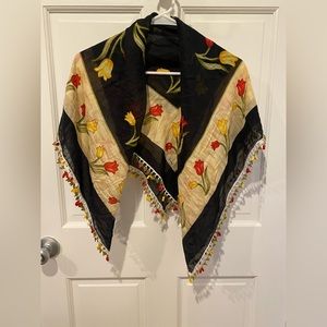 Large Floral Scarf with Red and Yellow Tassels